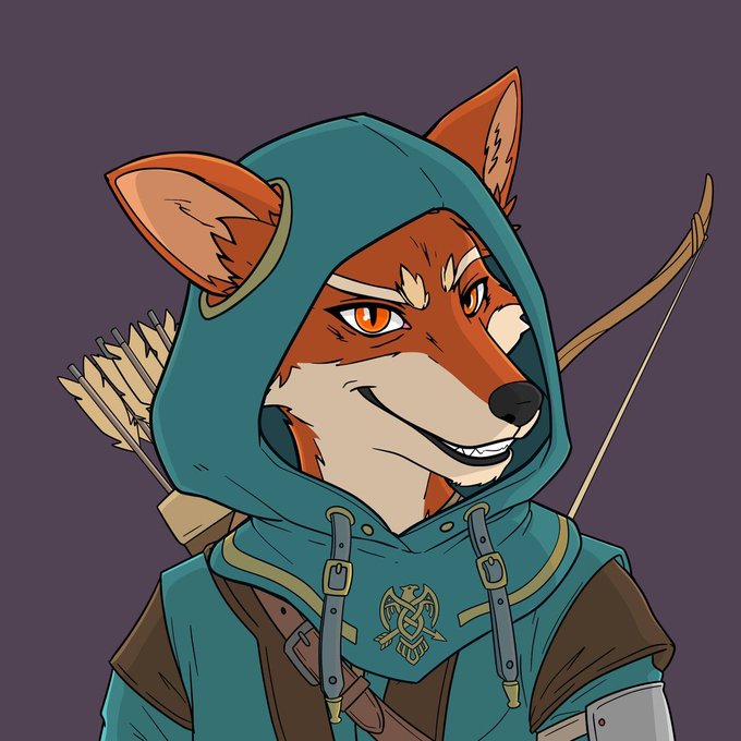 A digital illustration of an anthropomorphic fox character wearing a teal hooded archer's outfit and carrying a quiver of arrows.