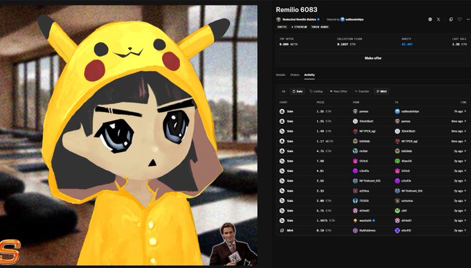 The image features a cartoon character wearing a Pikachu hoodie, standing next to a computer screen displaying a list of items for sale. The character appears to be selling these items online. There are two people visible in the image - one person is positioned behind the character and another person is located at the bottom right corner of the screen.