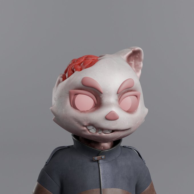 A 3D-rendered character with a cracked white mask head, pink eye sockets, and a grimacing expression wears a dark gray and brown high-collared jacket against a plain background.