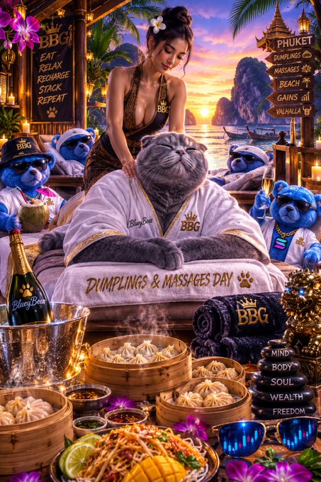 An elaborate digital fantasy illustration shows a woman in a gold dress massaging a giant cat in a "BBG" robe at a beachside spa, surrounded by pandas, bamboo steamers of dumplings, and signs advertising "PHUKET" services.