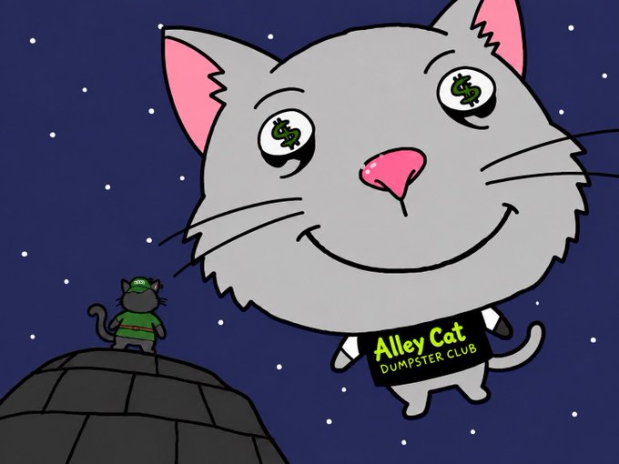 An illustrated sticker or logo featuring a large smiling gray cat with dollar signs in its eyes floating in a starry night sky, while a smaller cat wearing a green hat sits on a roof below; the large cat holds a sign reading "Alley Cat DUMPSTER CLUB".