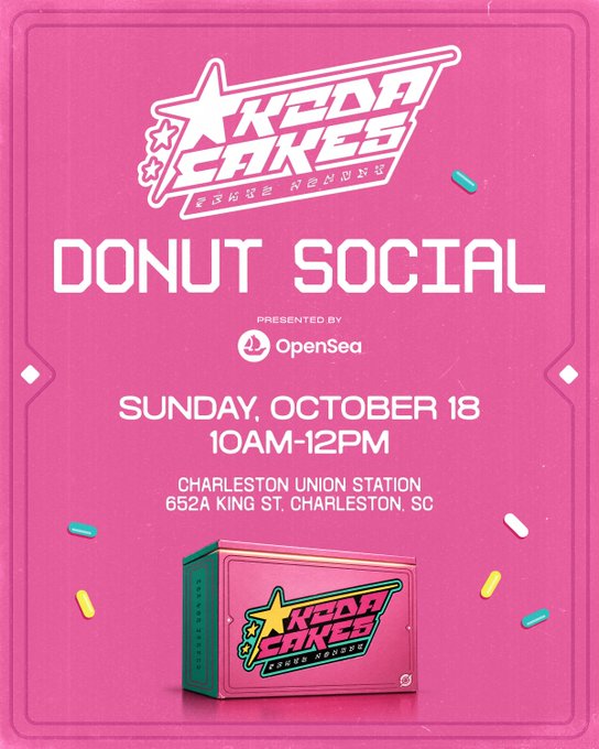 A pink promotional poster for 'KOOL CAKES DONUT SOCIAL' presented by OpenSea, scheduled for Sunday, October 18, 10AM-12PM at Charleston Union Station, 652A King St, Charleston, SC.