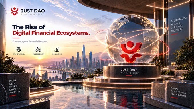 A promotional banner for Just DAO titled 'The Rise of Digital Financial Ecosystems. A more open financial future,' featuring a glowing globe monument with the Just DAO logo and pillars highlighting Transparency, Accessibility, and Innovation.