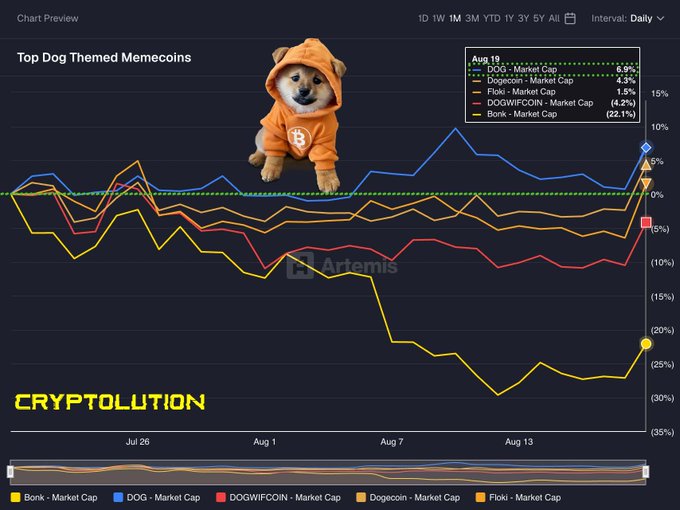 A chart titled "Top Dog Themed Memecoins" tracks the market cap performance of BONK, DOG, DOGWIFCOIN, Dogecoin, and Floki from late July to mid-August, with the accompanying data showing DOG leading at +6.9%, followed by Dogecoin (+4.3%) and Floki (+1.5%), while DOGWIFCOIN dropped 4.2% and BONK fell 22.1%, supporting the claim that "$DOG (BITCOIN) LEADS THE PACK" among dog-themed memecoins.