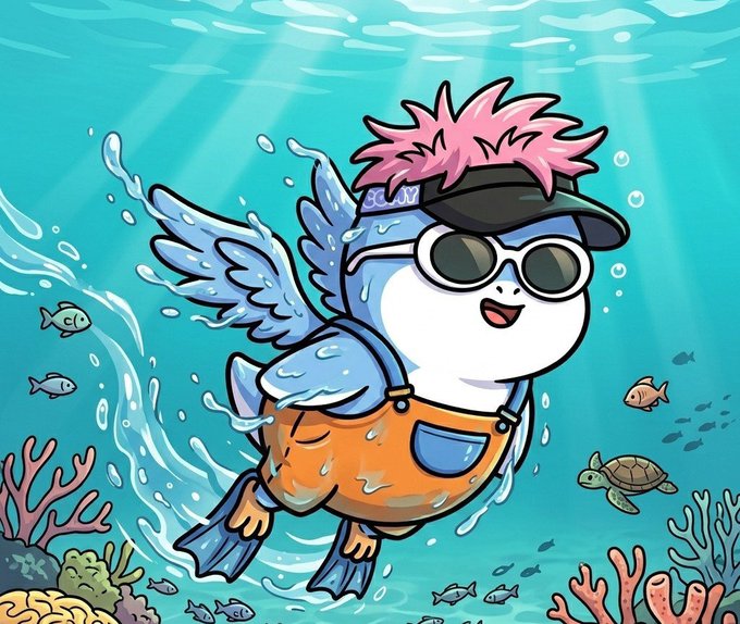 A cartoon illustration of a cute white character with pink spiky hair, sunglasses, a blue visor, angel wings, and orange overalls swimming underwater among fish, a turtle, and coral reefs.