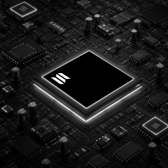 A sleek black circuit board featuring a prominently illuminated central microchip with a stylized "M" logo, flanked by smaller glowing chips. The dark, high-tech aesthetic and "M" branding visually reinforce the "Memory Stocks on Solana" theme, symbolizing the processing power and digital memory infrastructure behind blockchain technology.