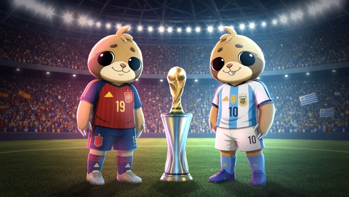 Two cartoon capybaras wearing soccer kits stand on a stadium field beside the FIFA World Cup trophy—one in a red and blue jersey reading "19" and the other in an Argentina-style kit reading "10"—captioned "There can be only one winner… Who will it be?" to frame a playful rivalry showdown between the two teams.
