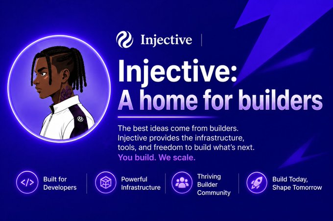 An Injective blockchain advertisement titled 'A home for builders,' featuring an illustrated character in a glowing circle and pillars labeled 'Built for Developers,' 'Powerful Infrastructure,' 'Thriving Builder Community,' and 'Build Today, Shape Tomorrow.'