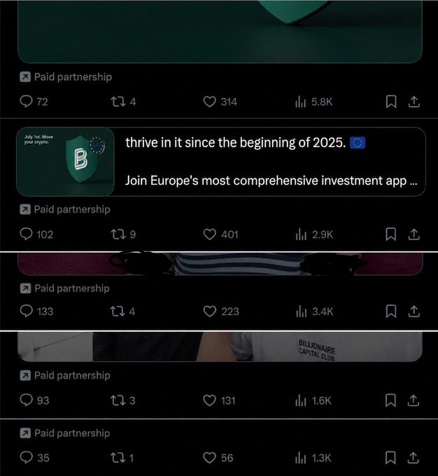 A screenshot of multiple X (Twitter) posts labeled as "Paid partnership" displaying engagement metrics, including one post from "Bitpanda" with 2.9K views, 401 likes, 102 comments, and 9 reposts. The image illustrates the post's point about suspicious engagement ratios, as some ads show disproportionate metrics—such as 1.6K views paired with only 131 likes—suggesting inflated or fake engagement numbers common in KOL (Key Opinion Leader) promotional content.