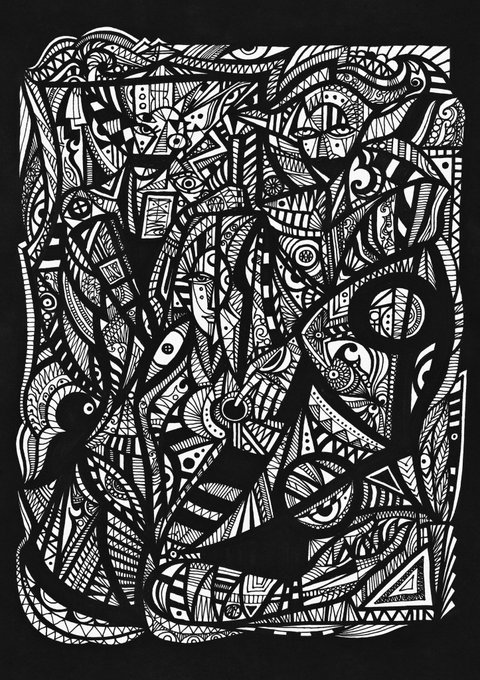 A black and white abstract drawing filled with intricate patterns, geometric shapes, and stylized eyes, featuring a bird-like silhouette on the left side.