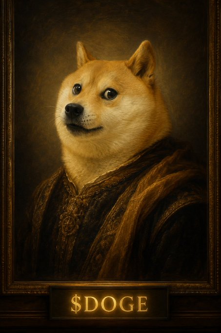 A classical Renaissance-style oil painting of a Shiba Inu dressed in regal robes, framed in an ornate gold frame with a plaque reading "$DOGE" beneath it—fittingly portraying the meme cryptocurrency Doge as an aristocratic masterpiece in line with the "one dollar $DOGE" theme.