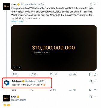 The image shows a tweet from @Loafmarkets celebrating $10,000,000,000 traded on their beta platform, with a highlighted reply from @arbitrum announcing excitement for the journey ahead. The accompanying post highlights the project's free waitlist, confirmed airdrop reward, and Arbitrum backing, aligning with the visible endorsement from the Arbitrum account.
