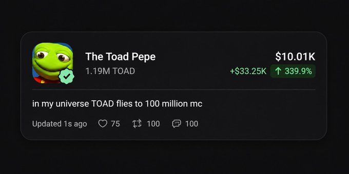 A screenshot of a post about "The Toad Pepe" token ($TOAD) showing a price of $10.01K with a +339.9% increase (+$33.25K) and a market cap of 1.19M TOAD, accompanied by the caption "in my universe $TOAD flies to 100 million mc" from a Pumpfun callout account.