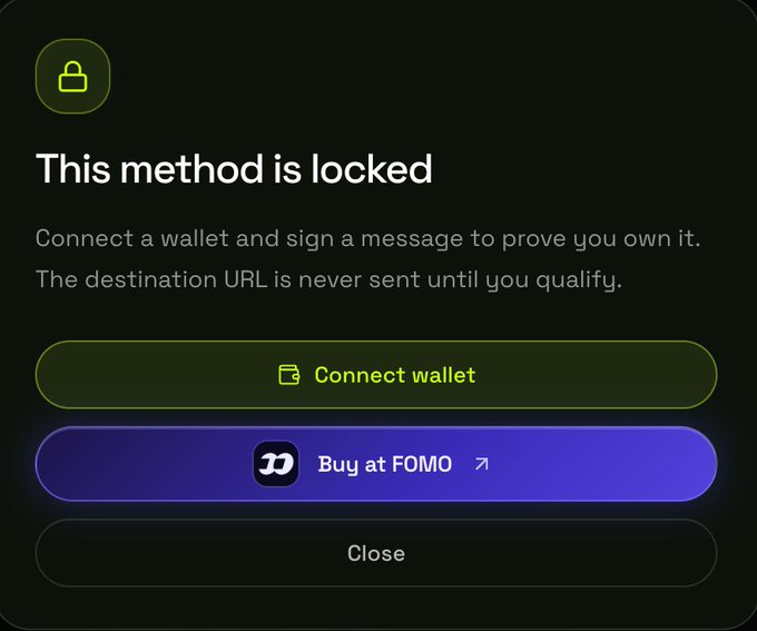 The image shows a locked access interface titled "This method is locked," prompting users to "Connect wallet" or "Buy at FOMO" to verify ownership, which corresponds to the post's $HOP token-gated system where holding $10 of $HOP unlocks the full freeLLM catalog for token holders.