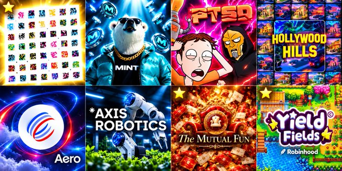 Grid of eight game/app promotional images including pixel sprites, 'PTSd' cartoon, 'HOLLYWOOD HILLS', 'Aero', 'AXIS ROBOTICS', 'The MUTUAL FUN', and 'Yield Fields' by Robinhood.