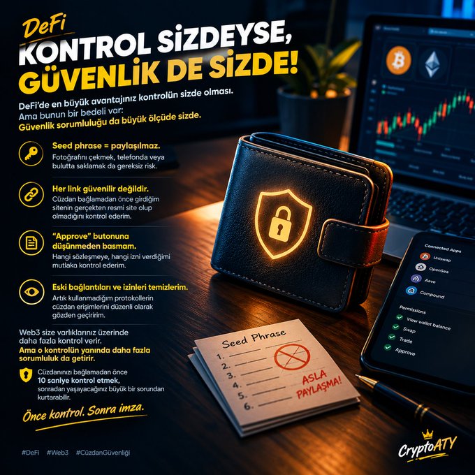 A Turkish-language DeFi/cryptocurrency safety infographic titled 'DeFi KONTROL SİZDEYSE, GÜVENLİK DE SİZDE!' warning about seed phrase security, with a wallet icon and advice like 'ASLA PAYLAŞMA!' (Never share!).