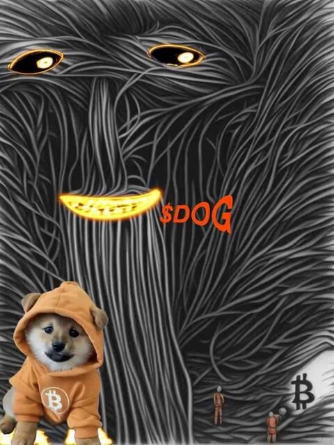 The image features a small dog wearing an orange hoodie, standing next to a large black and white painting of a person with a banana-like appearance. The text "s dog" is written below the painting.
