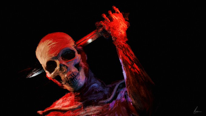 A digital painting depicts a skeletal figure bathed in red light, raising a bloodied arm holding a blade in a dark, atmospheric setting.