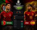 A graphic from a sports game showing an upcoming match between Portugal and Spain, with Portugal's Cristiano Ronaldo and Spain's Lamine Yamal featured as star players in their national team kits. The post's reference to "One Card Up" and the KAST Visa Card appears unrelated to the football matchup shown in the image.