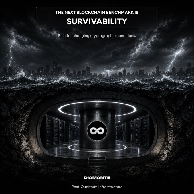 A dark, dramatic promotional image for Diamante's "Post-Quantum Infrastructure" shows a storm-lashed city skyline above crashing waves, with a secure underground vault containing server racks and an infinity symbol at its core, illustrating the tagline "The next blockchain benchmark is survivability" and the subtitle "Built for changing cryptographic conditions." The accompanying text emphasizes that blockchain resilience against quantum threats—rather than just transaction speed—will define the next generation of infrastructure, with the bunker imagery visually reinforcing the idea of long-term cryptographic protection.