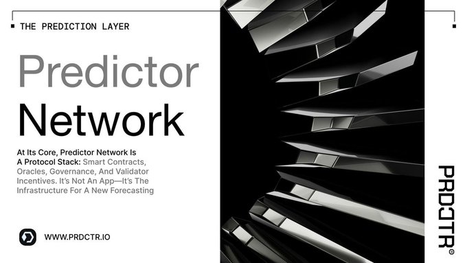 A promotional graphic for 'Predictor Network' (PRDCTR) titled 'THE PREDICTION LAYER,' describing it as a protocol stack with smart contracts and oracles at www.prdctr.io, set against an image of metallic geometric shapes.