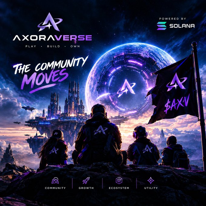 A promotional poster for 'AXORAVERSE' (tagline: 'PLAY · BUILD · OWN') with the text 'THE COMMUNITY MOVES,' depicting four hooded figures with 'A' logos watching a futuristic floating city, powered by Solana, with four feature icons (Community, Growth, Ecosystem, Utility) along the bottom.