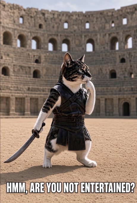 A tabby cat dressed as a gladiator stands in the Colosseum holding a sword, with the caption "HMM, ARE YOU NOT ENTERTAINED?" at the bottom. The image humorously ties into the post's "$HMM" ticker reference through its playful gladiator theme and the famous movie line "Are you not entertained?" delivered with a cat's signature aloof expression.