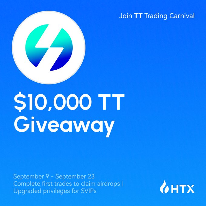 A promotional graphic for an HTX cryptocurrency event advertising a "$10,000 TT Giveaway" running September 9 - September 23, inviting users to join the TT Trading Carnival.