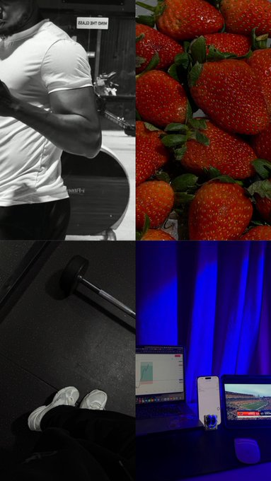 The image is a four-panel collage showing: a black-and-white photo of someone flexing their bicep at a gym (with a "SOLD OUT GYM" sign), a vibrant close-up of fresh strawberries, a dimly lit view of a barbell on the floor near white sneakers, and a dark blue-tinted desk setup with a laptop, tablet, and phone. 

The collage captures a balanced "October agenda" of fitness gains, healthy eating, gym workouts, and productive screen time across various lifestyle activities.