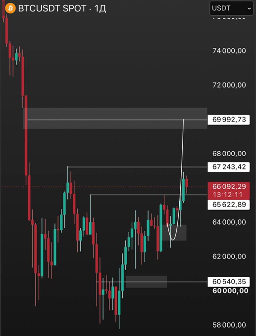 A daily BTCUSDT chart shows Bitcoin's price retesting a previous local high near $67,243, with the current price at $66,092, after a sharp decline from the $74,000 area, illustrating the trader's setup for scaling into long positions with limit orders placed lower around $65,622 and $60,540.