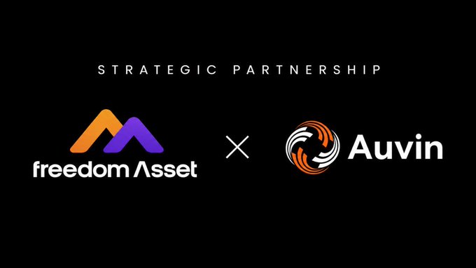 A black banner announcing a "STRATEGIC PARTNERSHIP" between Freedom Asset (featuring an orange and purple mountain logo) and Auvin (with an orange swirl logo), separated by a white "×" symbol. The image visually represents the collaboration highlighted in the post, showcasing both brands' logos alongside the partnership announcement text.