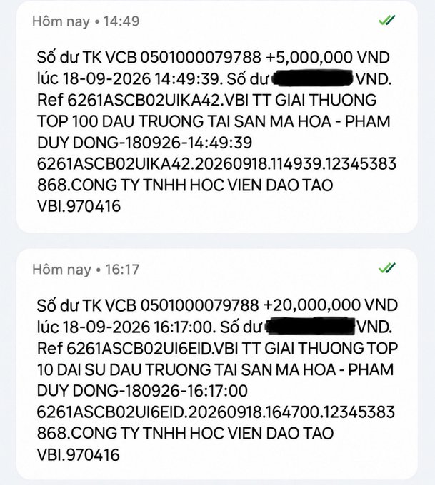 Vietnamese text messages from VCB bank showing transaction notifications: +5,000,000 VND at 14:49 and +20,000,000 VND at 16:17 on 18-09-2026, with account numbers partially redacted.