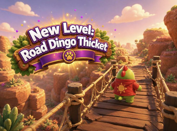 A game screen displaying 'New Level: Road Dingo Thicket' with a small green character in a red outfit standing on a rope bridge in a desert canyon.