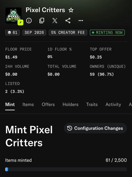 The image shows an OpenSea collection page for "Pixel Critters," displaying 61 items minted out of a 2,500 total supply with a floor price of $1.49 and minting currently active at a 5% creator fee. This aligns with the post promoting a potential free mint opportunity, as the collection appears to be in its early minting phase with 59 unique owners and only 2 items listed.