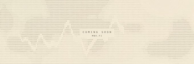A minimalist 'COMING SOON' web page design featuring a world map graphic and the domain 'mnx.fi' in the center, surrounded by a pattern of small dots.