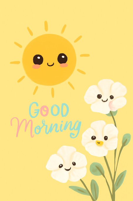 A cheerful 'Good Morning' illustration featuring a cute smiling sun and three smiling white flowers on a soft yellow background.