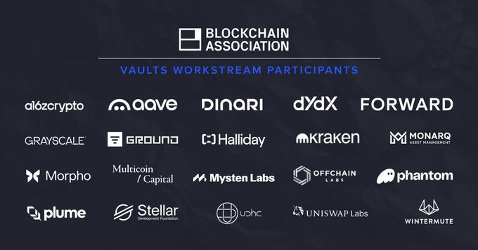 An image listing the 'Blockchain Association Vaults Workstream Participants' features logos for crypto companies including a16zcrypto, Aave, dYdX, Grayscale, Kraken, Phantom, and Uniswap Labs.