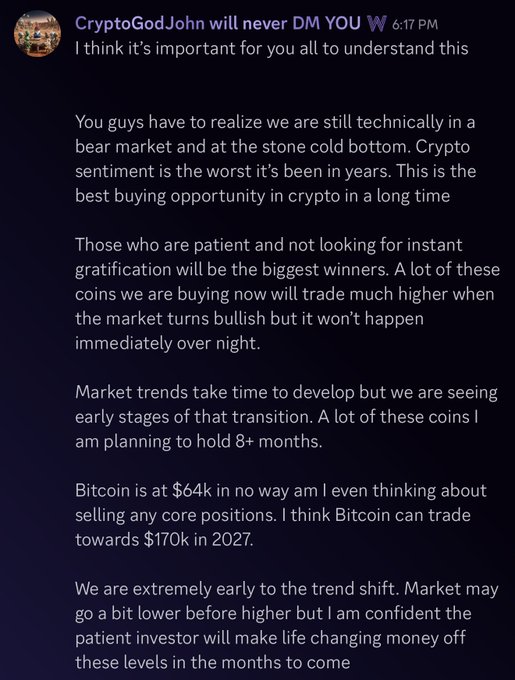 A Telegram message from 'CryptoGodJohn' discussing a bear market bottom, advising patience, and predicting Bitcoin could trade towards $170k in 2027.