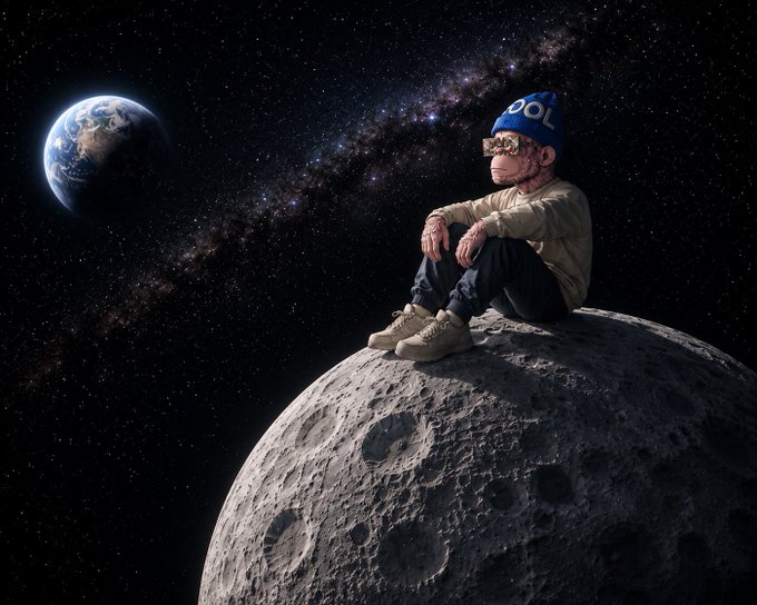 A surreal digital illustration of a young boy wearing a 'COOL' beanie and pixelated sunglasses sitting on the surface of the moon, with planet Earth visible in the starry space background.