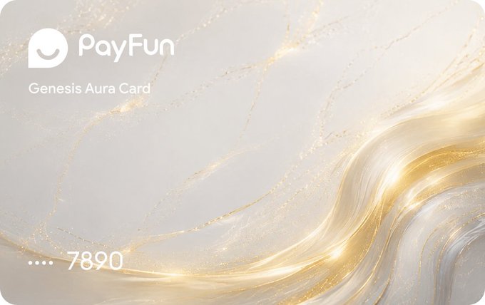 A 'PayFun Genesis Aura Card' design with an elegant white and gold marbled background and the card number ending in 7890.