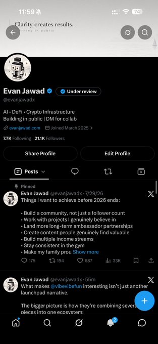 The image shows X (Twitter) profile of Evan Jawad (@evanjawadx) with 211K followers, displaying a pinned post listing his 2026 goals (including "Build a community, not just a follower count" and "Stay consistent in the gym" with 33K likes) and a recent post mentioning "@vibevibefun" as more than a launchpad narrative. The profile relates to the caption by showing Evan Jawad actively engaging with @vibevibefun's content, reinforcing his "vibe/vibe era" enthusiasm and community-building mindset aligned with his pinned goals.