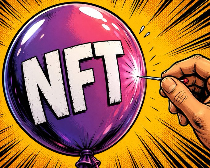 A comic-style illustration showing a hand poking a purple/pink balloon labeled 'NFT' with a needle against a yellow background.