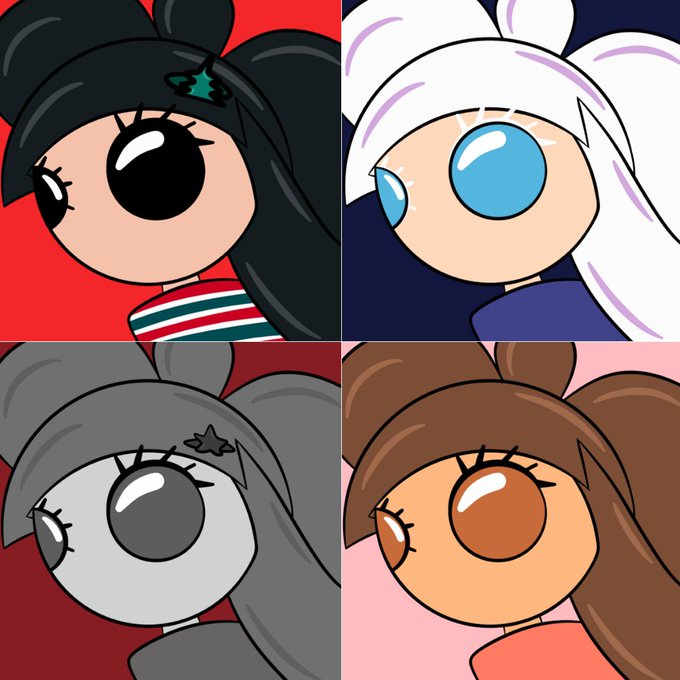 A 2x2 grid showing four variations of a Powerpuff Girls-style cartoon character with large eyes and pigtails in different color schemes: black/red, white/blue, gray/red, and brown/pink.
