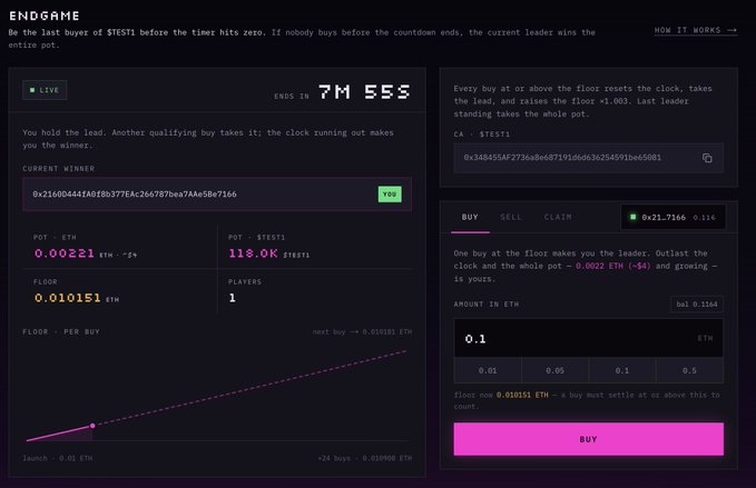 The image shows a "ENDGAME" cryptocurrency platform interface featuring a last-buyer-wins game mechanics where a countdown timer displays 7M 55S remaining. The interface displays a current winner with address 0x2160D44f1A0fDb377EAe264787bea7A4ae5Be7166, a pot of 0.00221 ETH ($4) and 118.0K $TEST1, with a buy panel allowing purchases at or above the 0.018155 ETH floor using the CA 0x348451AF2736a8e87191dd63b254591be65081 for the $TESTI token. This directly visualizes the post's description of a FOMO3D-style hook where buying $FEES resets a 4-hour clock, and the last buyer wins the pot funded by a 1% swap fee.