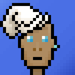 A pixel art character with brown skin, blue eyes, and a white chef's hat against a blue background.