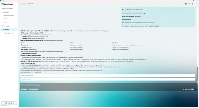 Screenshot of the NeoTrade app interface in Vietnamese, showing a chatbot demo page with trading chat options including stock, crypto, and gold.