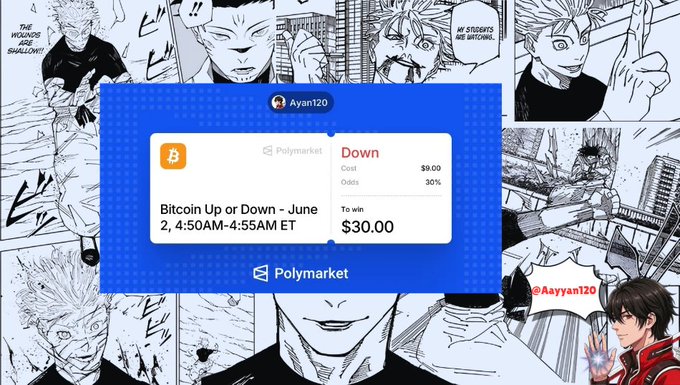 The image features a poster with a cartoon character, likely from a video game or anime series, wearing a red shirt and holding a gun. The poster displays text that reads "Down" and "Bits Up Down". This information seems unrelated to the main content of the image, which is an advertisement for Polymarket.