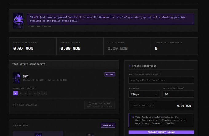A dark-themed crypto dashboard for 'HabitStake WAGMI' shows active staked value of 0.07 MON, with a 'Gym' commitment and a habit stake creation form for 7 days at 0.1 MON daily.
