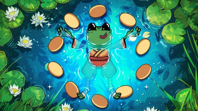 A digital illustration of a frog floating on its back in a pond, surrounded by lily pads and gold coins.