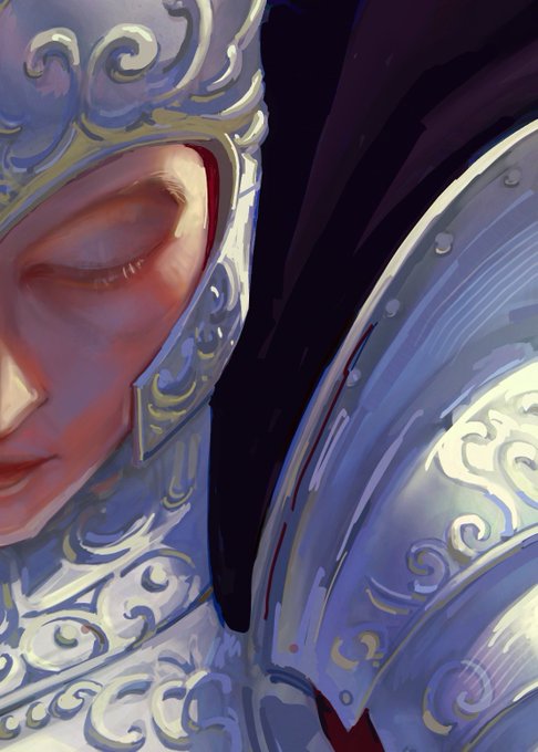 Close-up digital painting of a warrior's face wearing ornate silver filigree armor, eyes closed in a serene expression.
